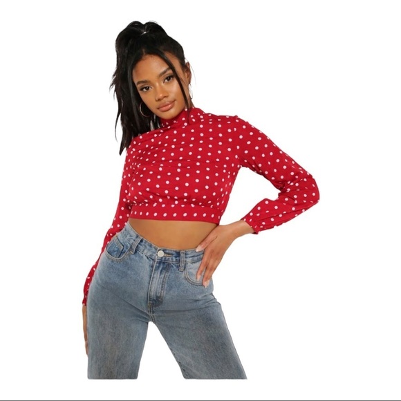 Boohoo High Neck Cropped Top Trendy Red White Polka Dot Long Sleeve Tie Back Top - Picture 1 of 4